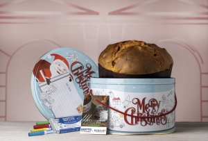 Panettone Classico with raisins &amp; candied fruits in tin with Giotto colouring markers