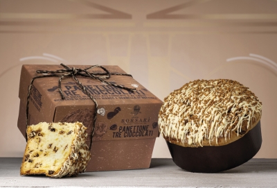 Rustico Collection: Panettone with Dark &amp; Milk Chocolate Chips covered White Chocolate &amp; Hazelnuts