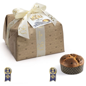 Classic Panettone with raisins and candied fruits in gold wrapping